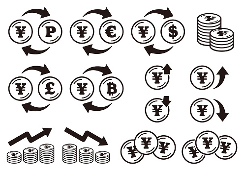 Icon set of coins with the yen symbol