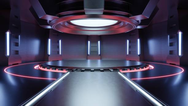 istock Empty light red studio room futuristic Sci Fi big hall room with lights red, Future background for design. 1320074606