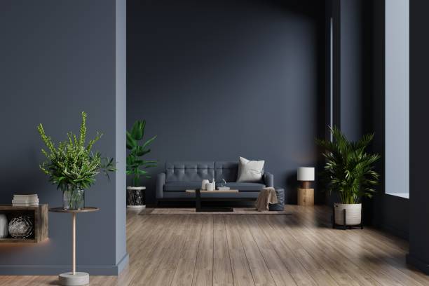 innenraum des wohnzimmers mit sofa auf leerem dunkelblauen wandhintergrund. - showcase interior home interior contemporary luxury stock-fotos und bilder