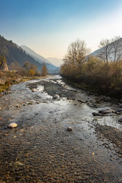 istock river flowing through misty mountain valley covered with dense forests at dawn from flat angle 1320074750