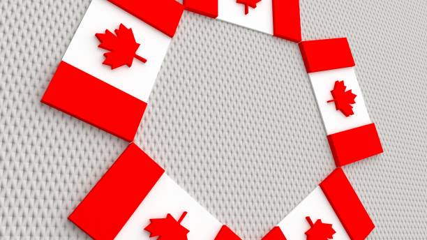 istock 3D Canada flag rotate arrange around happy Canada day text on abstract background for design content. 3D rendering. 1320074752