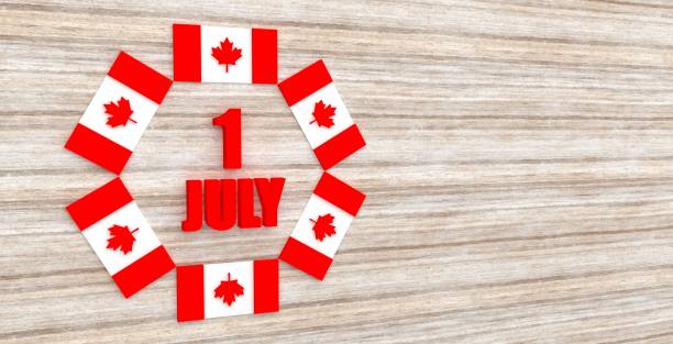 istock 3D Canada flag rotate arrange around happy Canada day text on abstract background for design content. 3D rendering. 1320074773