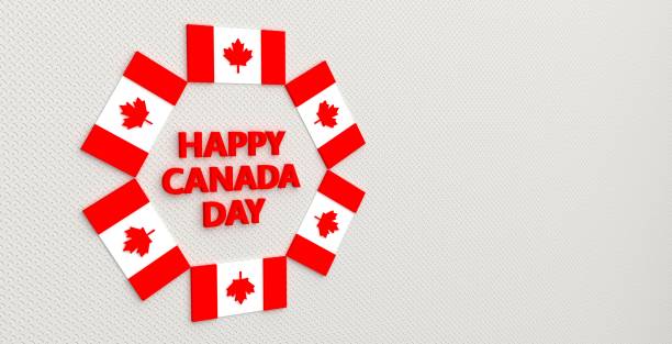 istock 3D Canada flag rotate arrange around happy Canada day text on abstract background for design content. 3D rendering. 1320074819