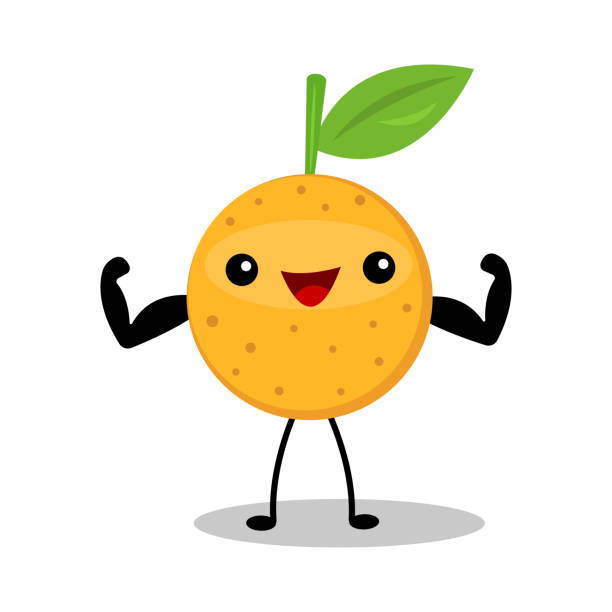 postać z kreskówki pomarańczowa z pompowanymi mięśniami pozująca na białym tle i śmiejąca się koncepcja zdrowych owoców tropikalnych - pumped stock illustrations