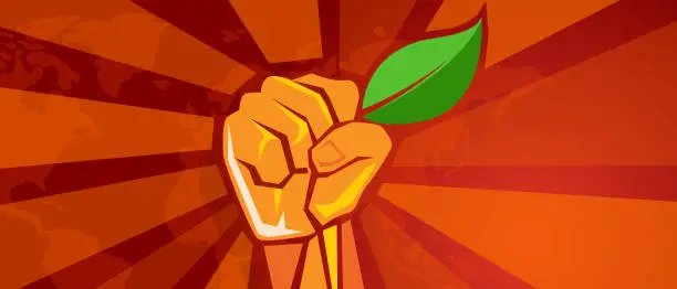 Vector illustration of ecology environmental revolution leaf green demonstration movement hand holding leaf