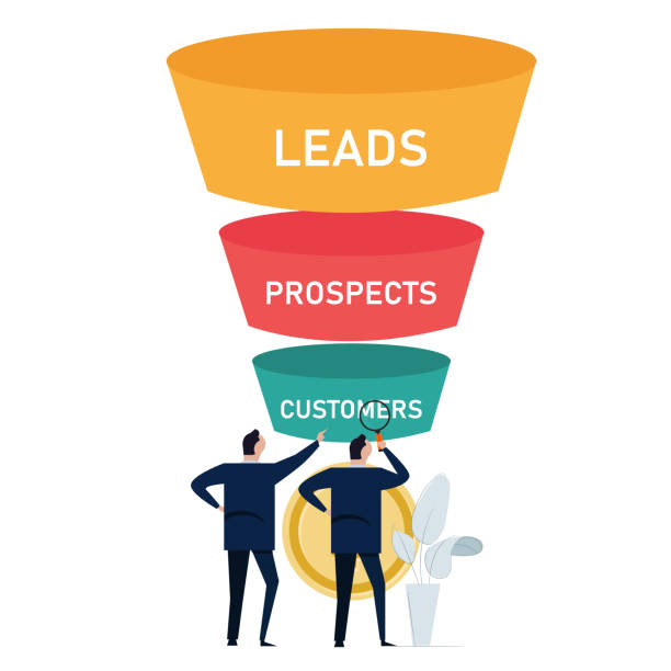 ilustrações de stock, clip art, desenhos animados e ícones de optimize sales funnel businessman analyze improve business conversion marketing from leads to prospects to customers maximize profit - chumbo