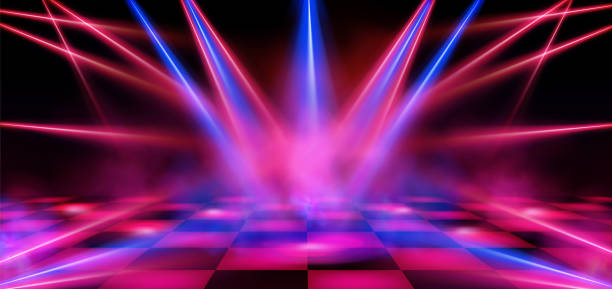 Dance floor, empty night club stage, disco area Dance floor, empty night club stage illuminated with red and blue spotlights. Checkered scene with laser beams, lamps and swirling smoke, disco dancing area interior, Realistic 3d vector illustration nightclub stock illustrations