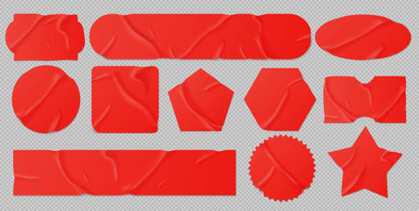 빨간 붙어 있는 스티커, 구겨진 종이 패치 모형 - variation nobody label illustration technique stock illustrations