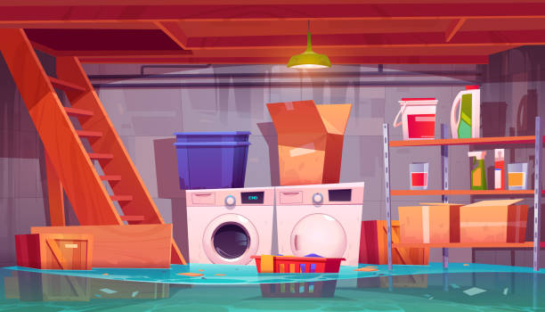 Flooded laundry in basement, water leakage at home Flooded laundry in basement, water leakage in home cellar interior with washing and dryer machines, detergents on shelves, basket with dirty linen and carton boxes, flood, Cartoon vector illustration basement stock illustrations