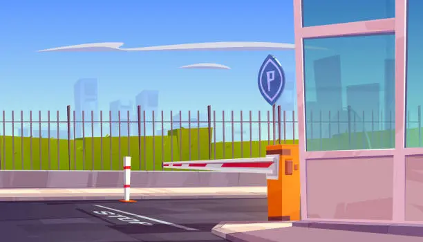 Vector illustration of Parking security entrance with car barrier, booth