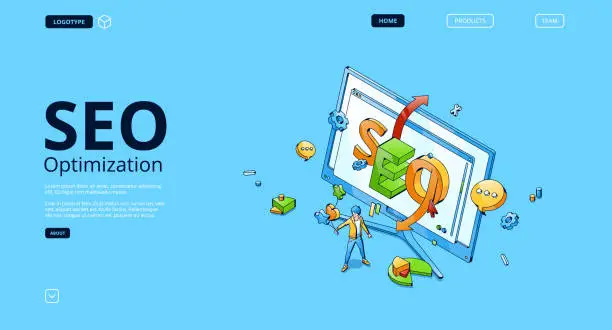 Vector illustration of SEO optimization isometric landing page web banner