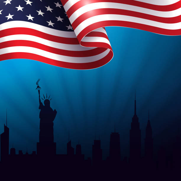 blaue komposition mit silhouette der winkenden usa-flagge, silhouette von gebäuden, helle lichtstrahlen. - usa presidents flash stock-grafiken, -clipart, -cartoons und -symbole