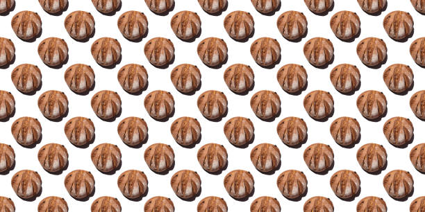 Fresh homemade rustic rye round bread seamless pattern isolated on white background, top view. Can be used as food background, base for textiles, packaging