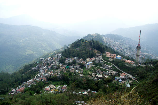 Aerial view of Gangtok City from another hill, Sikkim, India, Asia