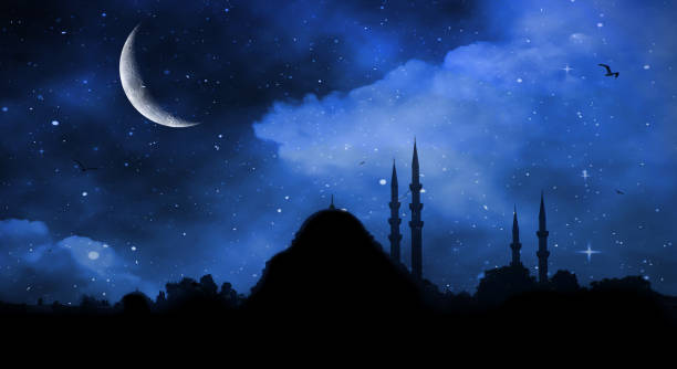 istock Crescent moon at a top of a mosque. Ramadan Kareem islamic background 1320087786