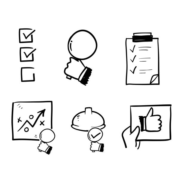 ilustraciones, imágenes clip art, dibujos animados e iconos de stock de doodle simple conjunto de inspección relacionada vectorial línea iconos ilustración estilo de dibujo a mano - to do list computer icon checklist communication