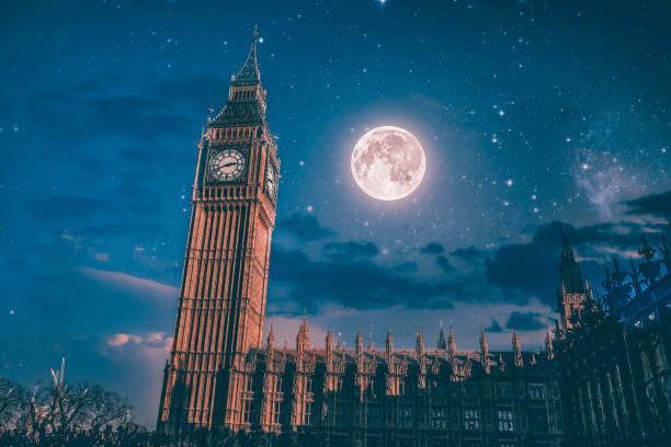 The clock face on Big Ben showing midnight.