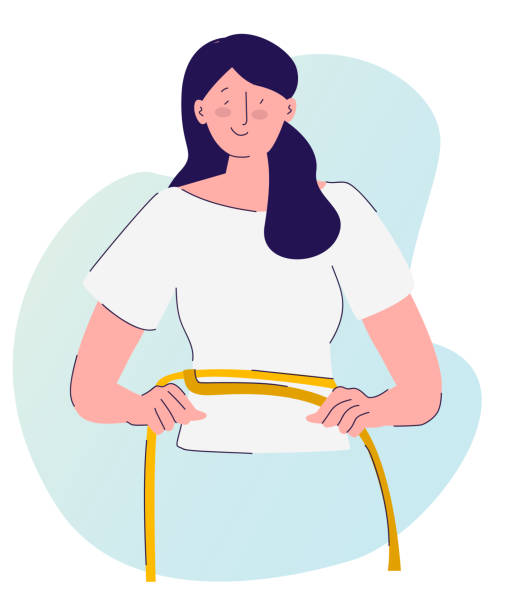 ilustrações de stock, clip art, desenhos animados e ícones de diet concept women measuring waist use measure tape with cartoon flat style - measuring waist