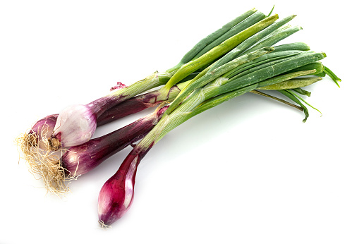 young red onions in front of white background