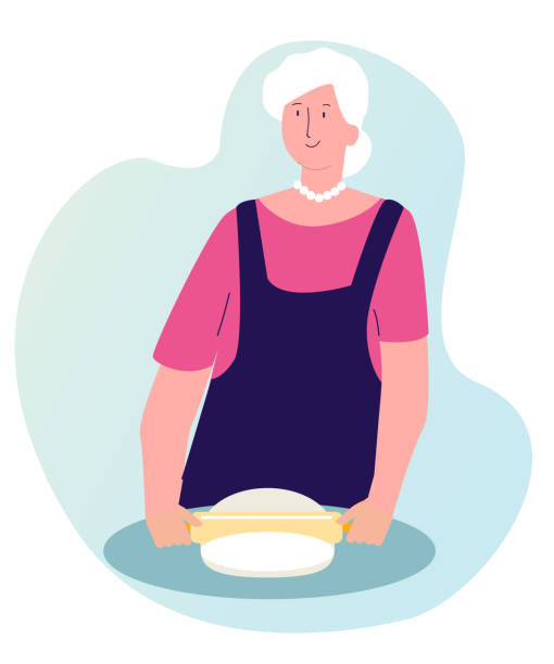 古い女性は漫画のフラットスタイルでケーキを焼く生地を転がしました - bread bakery women cake点のイラスト素材／クリップアート素材／マンガ素材／アイコン素材