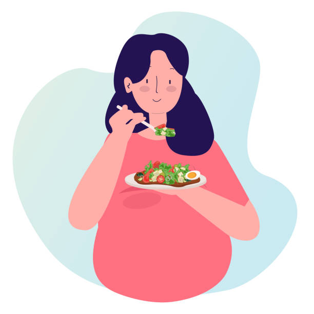 ilustraciones, imágenes clip art, dibujos animados e iconos de stock de mujeres embarazadas que comen ensalada de alimentos saludables con estilo plano de dibujos animados - eating