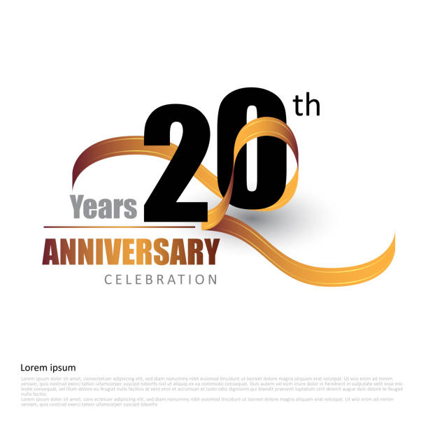 20 jahre jubiläum logo-vorlage mit band - einladungskarte grafiken stock-grafiken, -clipart, -cartoons und -symbole