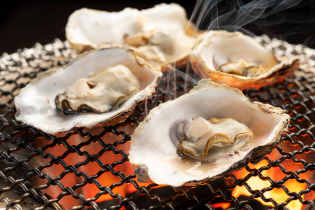炭の上にカキを焼く - prepared oysters ストックフォトと画像
