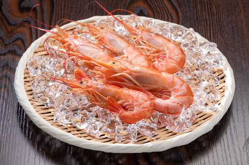 Fresh red shrimp on ice