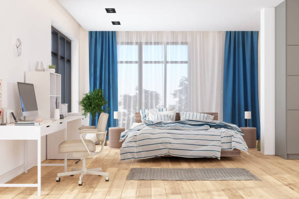 istock Modern Bedroom Interior With Bed Furniture, Study Table And Computer. Working At Home. 1320096224