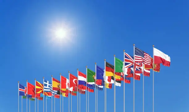 Photo of The 30 waving Flags of NATO Countries - North Atlantic Treaty. Isolated on sky background  - 3D illustration.