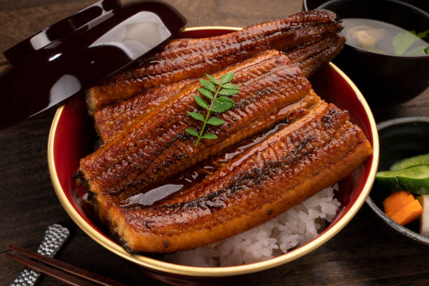 istock Una-juu or eel bowl. Marinated eel over a box of rice. 1320097144