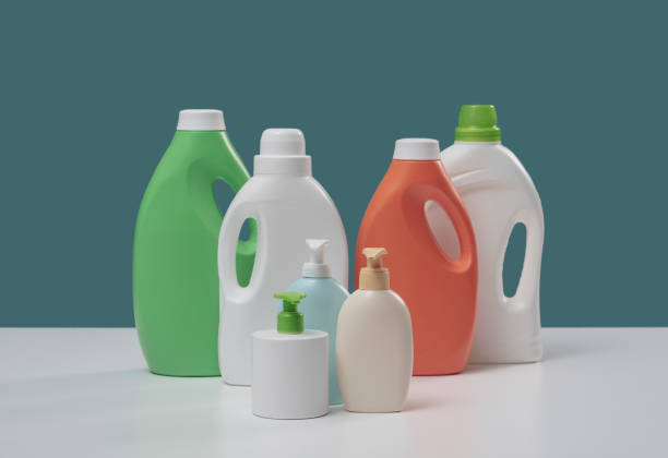 Plastic Detergent Bottle Standing On White Background, Featuring A Smooth Blank Surface Suitable For Adding Labels, Branding, Or Custom Text.