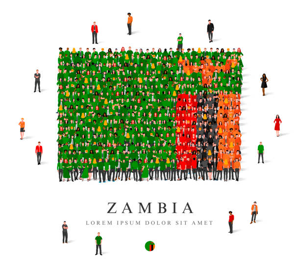 A large group of people are standing in green, black, red, yellow and orange robes, symbolizing the flag of Zambia. A large group of people are standing in green, black, red, yellow and orange robes, symbolizing the flag of Zambia. Vector illustration isolated on white background. Zambia flag made from people. zambia flag stock illustrations