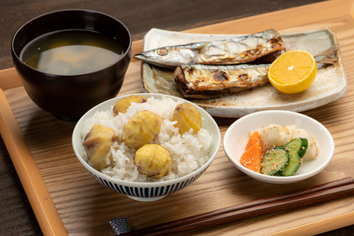 Chestnut rice and grilled saury. The taste of autumn in Japan.