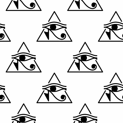 Ancient mystic egyptian symbol. Vector isolated editable black icon. Conspiracy theory. Egyptian paganism. Ancient egyptian religion. Hieroglyph. Magic amulets. Masons. Freemasony. Seamless pattern.