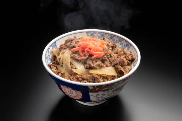 gyudon o tazón de carne de res. carne de res y cebollas cocidas en un tazón de arroz. - donburi fotografías e imágenes de stock