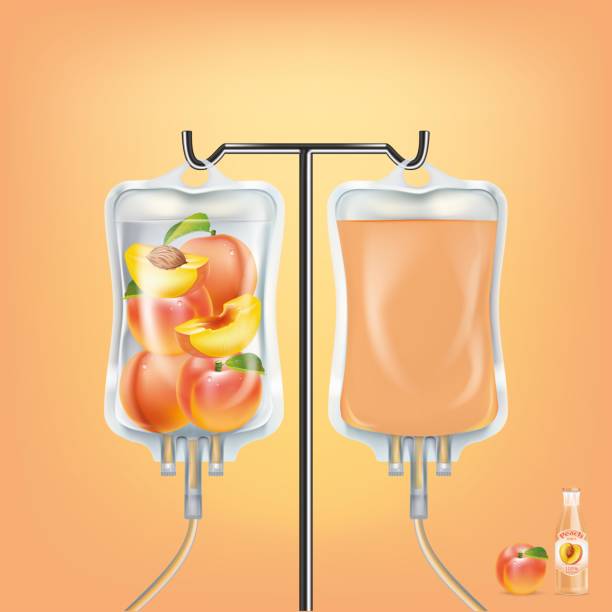 Plastic bag with peach juice.illustration vector Plastic bag with peach juice.illustration vector saline drip stock illustrations