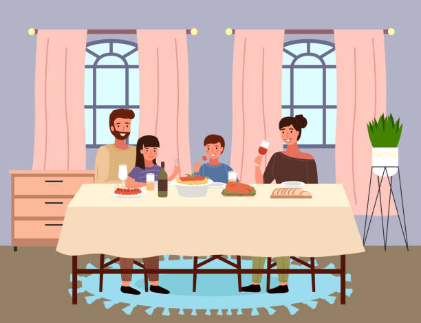 ilustraciones, imágenes clip art, dibujos animados e iconos de stock de la gente está comiendo comida italiana en su apartamento. la familia está cenando juntos en casa - cena familiar