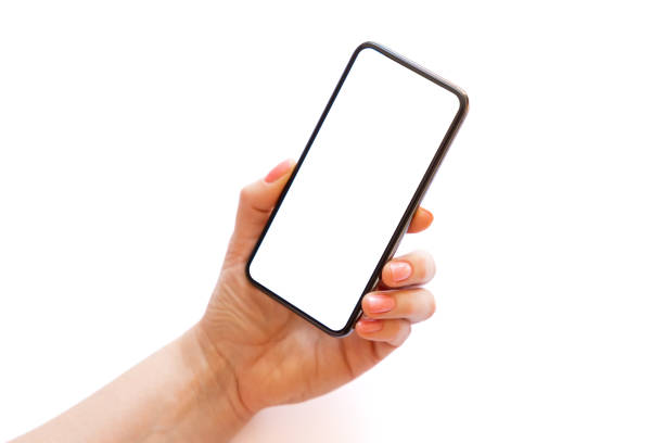 istock Mobile phone with empty white screen in hand, isolated on white background 1320102734