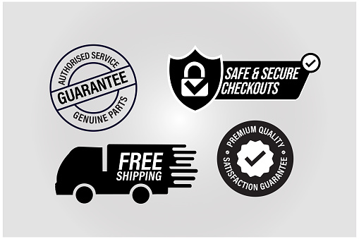 vector eCommerce icons such as authorized service-genuine parts guaranteed, safe and secure checkout, free shipping, satisfaction guaranteed