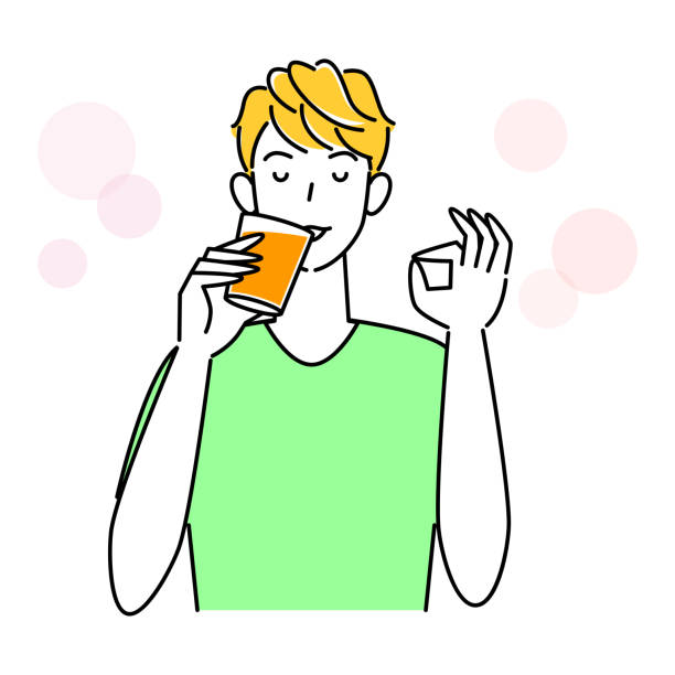 ilustrações, clipart, desenhos animados e ícones de insolação mede homem bonito bebendo suco de laranja com copo de vidro para hidratação ilustração simples vetor prevenção de insolação. um cara bonito bebendo suco de laranja de um copo de vidro para se manter hidratado. simples ii - symbol favorites internet orange