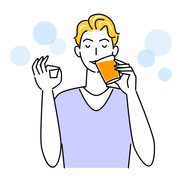 ilustrações de stock, clip art, desenhos animados e ícones de heat stroke measures cute man drinking orange juice with glass cup for hydration illustration simple vector heat stroke prevention. a cute guy drinking orange juice from a glass cup to stay hydrated. simple il - symbol favorites internet orange