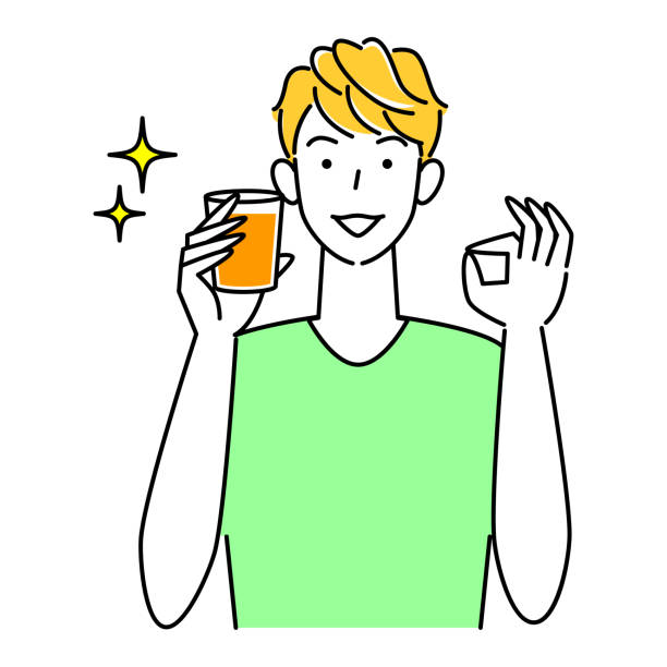 ilustrações, clipart, desenhos animados e ícones de insolação mede homem bonito bebendo suco de laranja com copo de vidro para hidratação ilustração simples vetor prevenção de insolação. um cara bonito bebendo suco de laranja de um copo de vidro para se manter hidratado. simples ii - symbol favorites internet orange