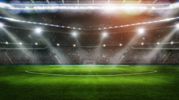 fond sportif - terrain vert dans le stade de football. prêt pour le jeu au milieu de terrain, illustration 3d - stade de foot photos et images de collection