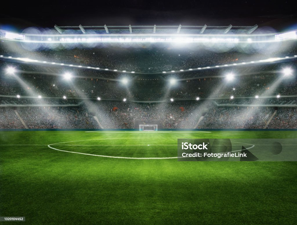 sport background - green field in soccer stadium. ready for game in the midfield, 3D Illustration sport background - green field in soccer stadium. ready for game in the midfield, 3D Illustration - Not a real stadium - a composition of several graphic elements. Soccer Stock Photo