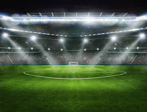 sport background - green field in soccer stadium. ready for game in the midfield, 3D Illustration sport background - green field in soccer stadium. ready for game in the midfield, 3D Illustration - Not a real stadium - a composition of several graphic elements. searchlight photos stock pictures, royalty-free photos & images