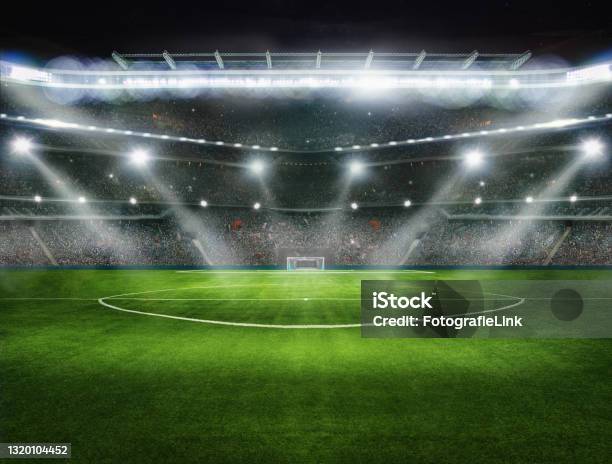 Sport Background Green Field In Soccer Stadium Ready For Game In The Midfield 3d Illustration Stock Photo - Download Image Now