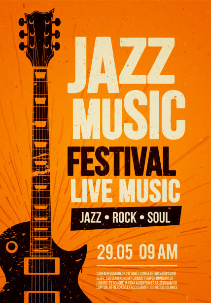 вектор иллюстрация плакат листовка шаблон дизайна для рок-джазового фестиваля живая музыка событие с гитарой в стиле ретро на красном фоне - cool jazz stock illustrations