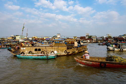 Cai Rang, Can Tho, Vietnam - December 28, 2019: Baots at the floating market in the Mekong Delta at Cai Rang in Vietnam