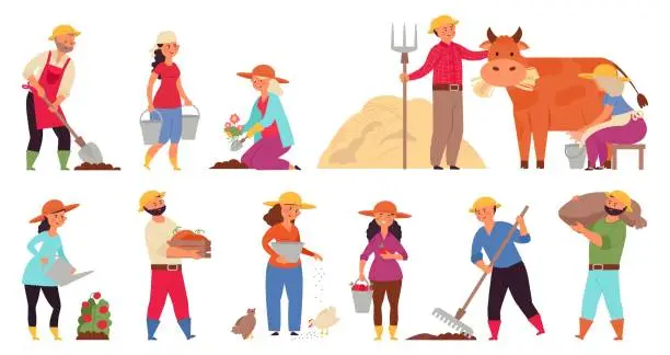 Vector illustration of Farmer characters. Gardening working women, farmers in village work. Harvest seasons, isolated agriculture garden or plantation decent vector set